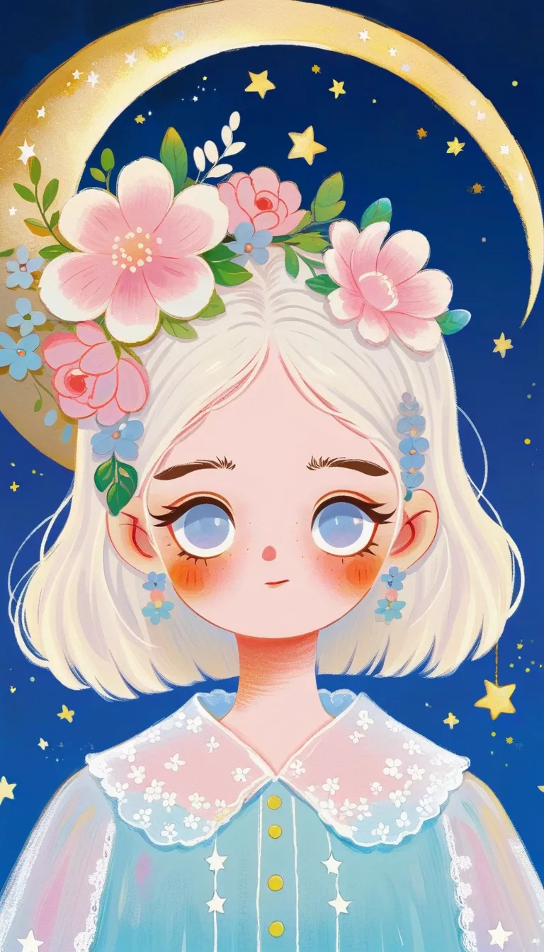  masterpiece, best quality,  cute hand-painted , Picture Book Illustration，1 girl, alone, White hair flower ， shirt lace collar , blush, Hair accessories, 受众,Crescent Moon and Stars Above Your Head， big blank top ， characters take up 30 %%， blue background...