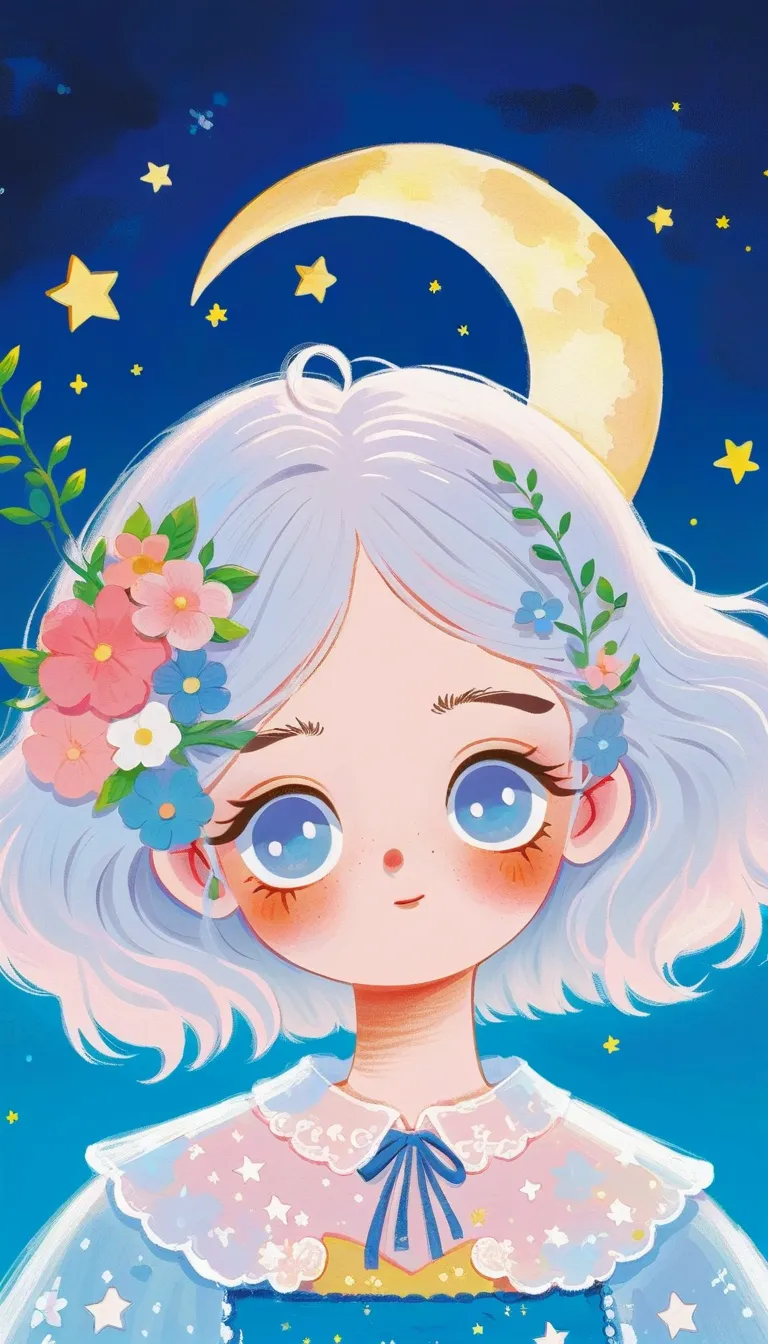  masterpiece, best quality,  cute hand-painted , Picture Book Illustration，1 girl, alone, White hair flower ， shirt lace collar , blush, Hair accessories, 受众,Crescent Moon and Stars Above Your Head， big blank top ， characters take up 30 %%， blue background...