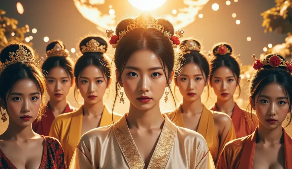 *"A breathtaking cinematic portrait of eight divine goddesses standing in a celestial landscape, each representing different elements of Japanese mythology. The figures are arranged in a circular formation, bathed in ethereal golden light. Each goddess’s f...