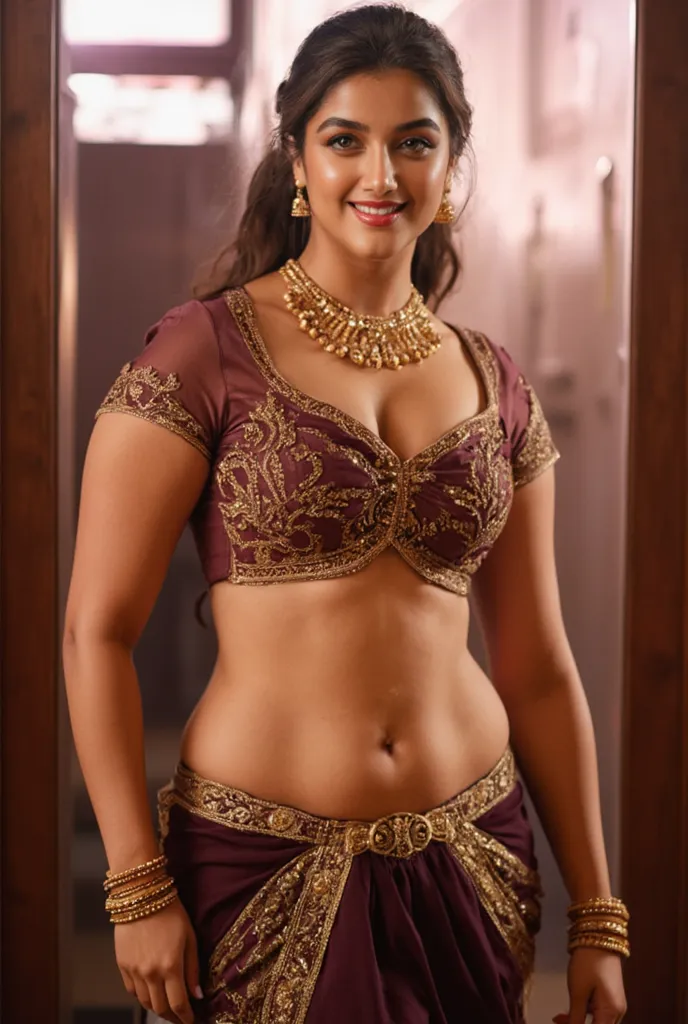 A beautiful slightly thick indian woman who is wearing an traditional indian dress, deep and sexy navel, deep round  navel, no navel piercing, bare midriff, midriif is not covered by any stuffs, curvy hip, match less beauty, hour glass figure, intricate de...