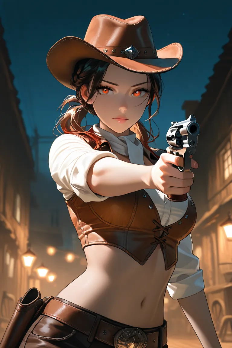 beautiful girl, red western hairstyle, attractive, top quality, masterpiece, high noon crop top, showing less clothes, cinematic shot, dark ambience, dynamic pose, mysterious, night time, wearing a cowgirl hat, holding a revolver