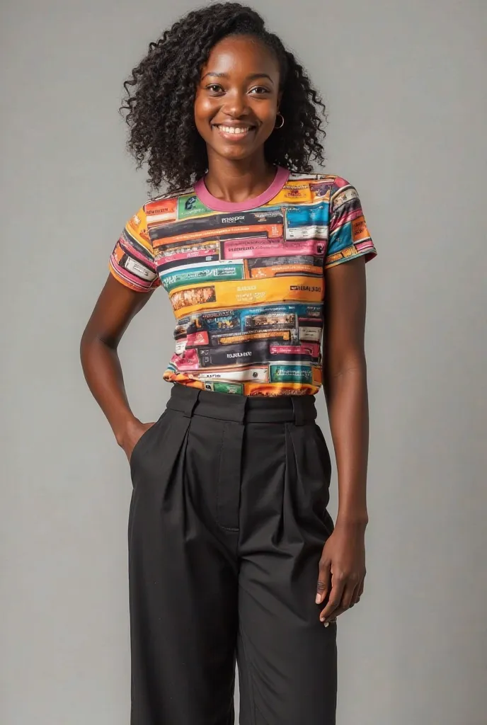 Image is a professional portrait featuring a beautiful Nigerian lady,  brand standing confidently. She has a medium skin tone and  , wearing a multicolor vibrant T-shirt with a black trouser and wearing a white sneaker and  smiling .There's an inscription ...