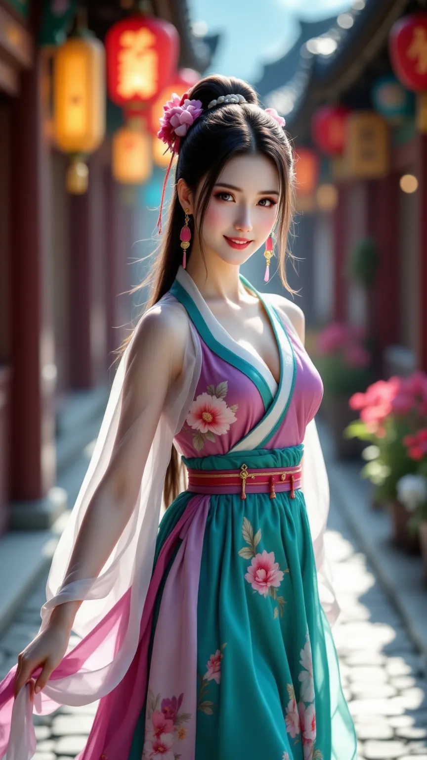 (((Beautiful, slender female figure with big curves),(Wear a beautifully colored Korean dress),(With a smile))),She is doing an elegant and beautiful traditional Korean folk dance.Street with a view of Gyeongbokgung , Detailed Background ,Vibrant colors,fi...