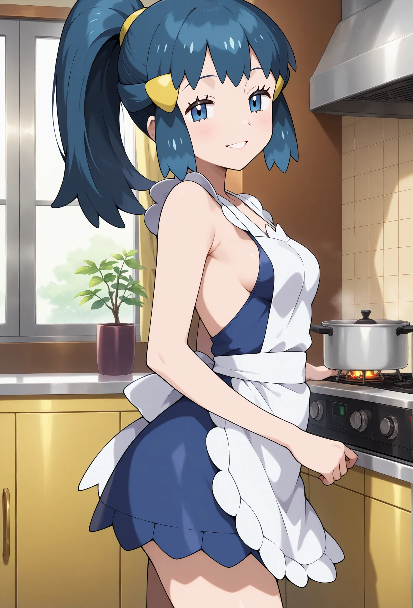 high resolution picture, masterpiece, best quality, amazing quality, solo, 1girl, Dawn (Hikari) ヒカリ / Pokemon, aadawn, long hair, blue hair,blue eyes,  small breasts,  anime screencap,                        BREAK (curvy),     half-closed eyes, smile,  fro...