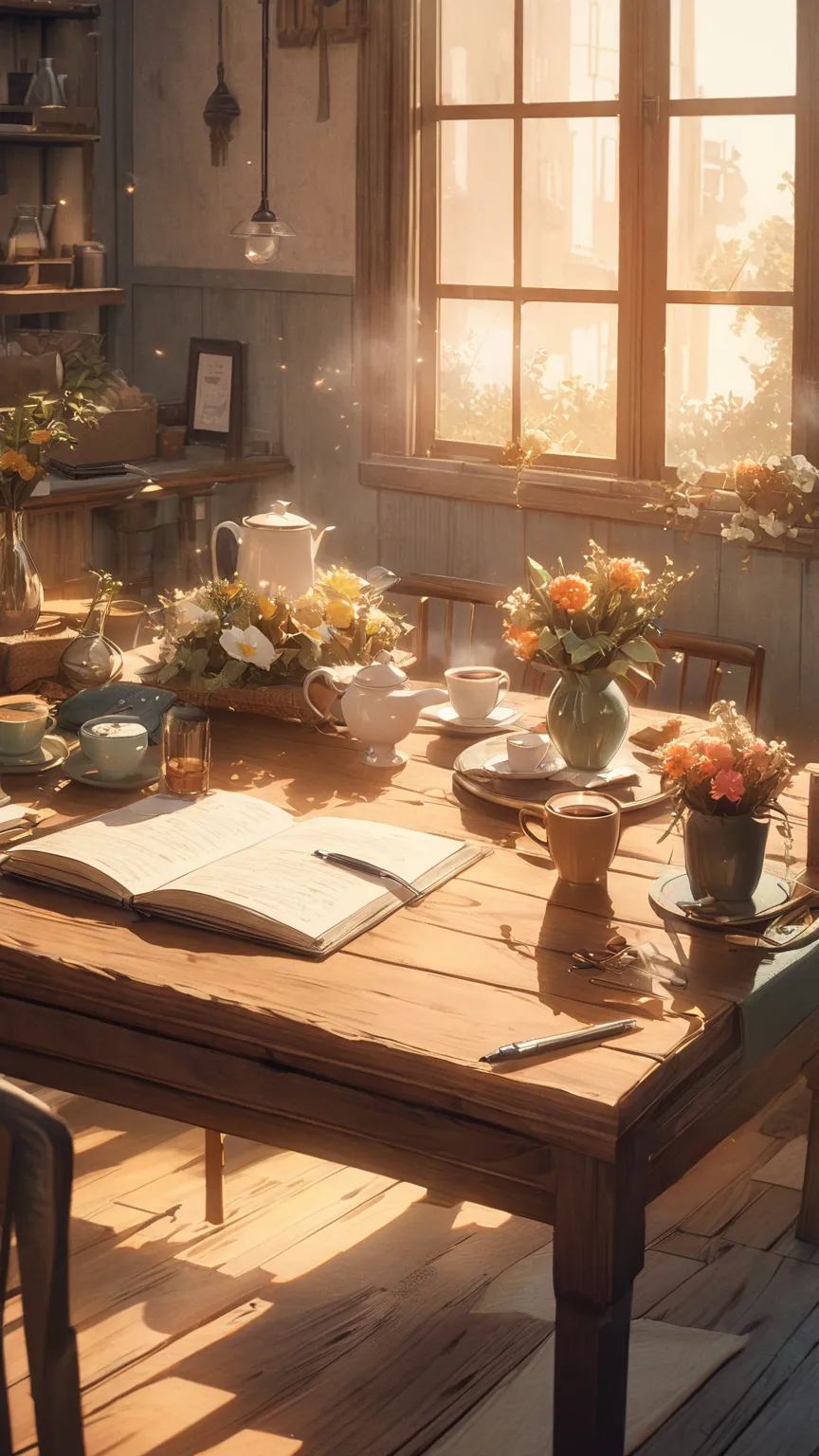 An anime-style illustration capturing the essence of a Lo-Fi album cover inspired by Seria, focusing on a beautifully arranged table setting in a cozy café. The wooden table is adorned with charming small items, including a steaming cup of coffee, an open ...