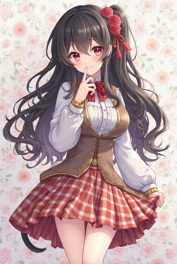 8 k, Masterpiece , best quality, extremely detailed, high resolution, super thin illustration, 1girl, One,  smile,Red eyes, black hair,long hair,Curls,  tail,huge breasts, , pleated skirt,hair ornament, floral ornament ,  earrings, finger to mouth, Skirt l...