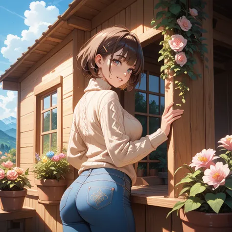 A beautiful anime-style young woman with short, dark brown bob hair and big expressive eyes, wearing a tight beige turtleneck sweater and form-fitting blue jeans. She is standing in a cozy wooden house with a window behind her, showing a scenic countryside...