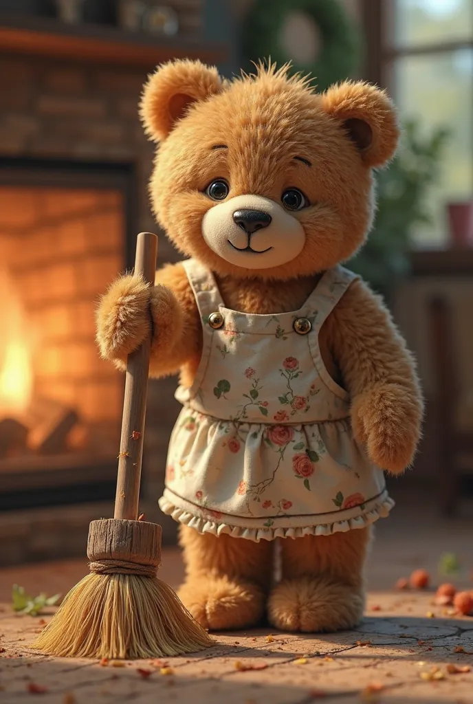 A teddy bear with an apron that sweeps the floor
