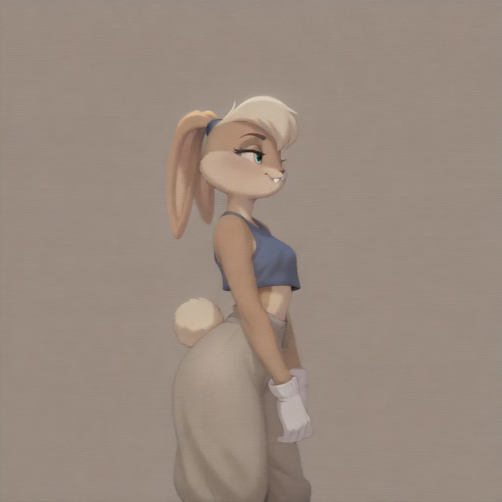 masterpiece, amazing quality, best quality, lola bunny, anthro, furry, furry female, rabbit girl, rabbit ears, rabbit tail, blue eyes, buck teeth, hair tie, white gloves, crop top, baggy pants