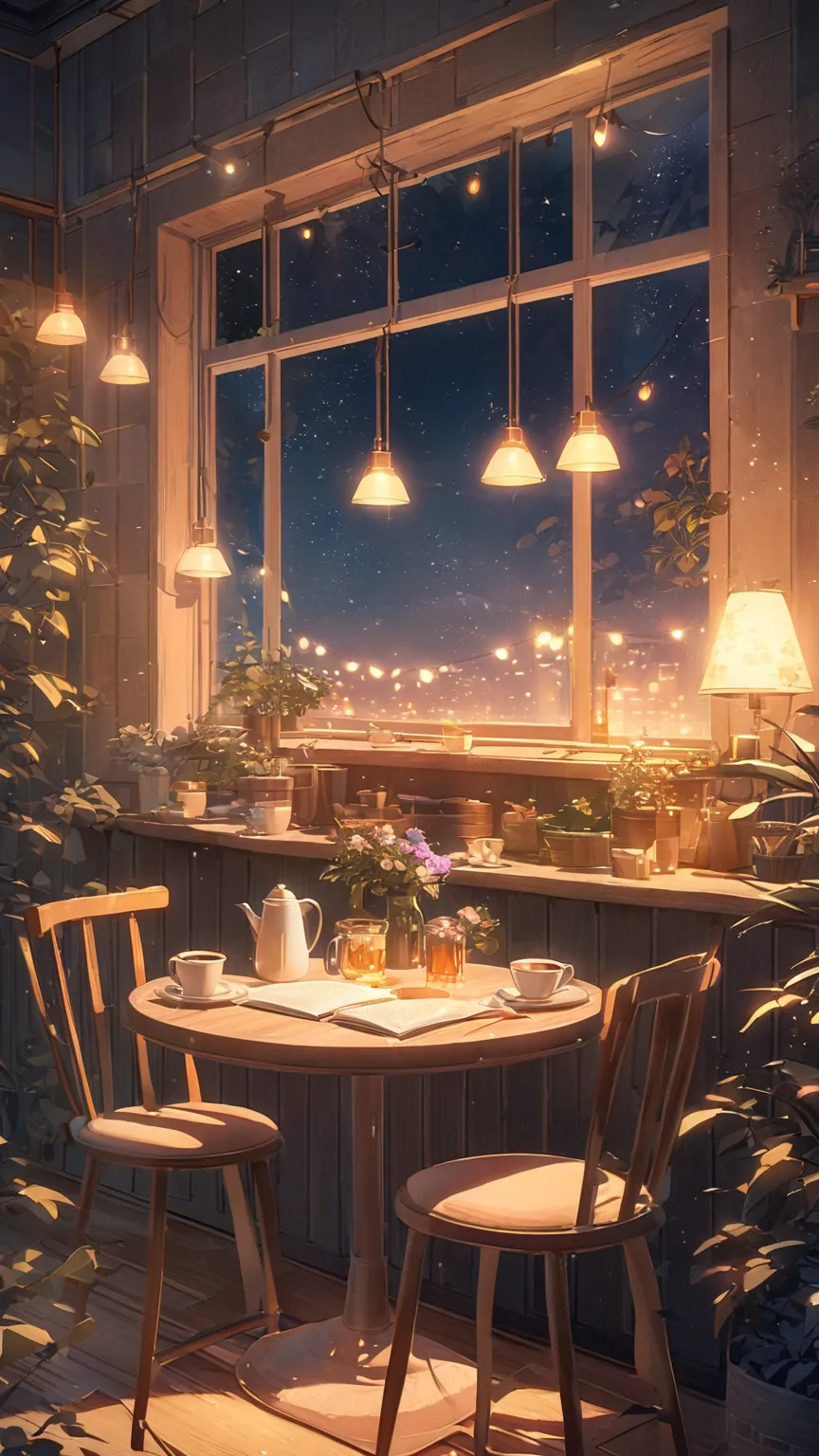 An anime-style illustration capturing the essence of the 'Seria Lo-Fi Collection' album cover. The scene features a warm and cozy nighttime café with a large window revealing a peaceful, starry sky. A beautifully arranged table sits in the foreground, ador...