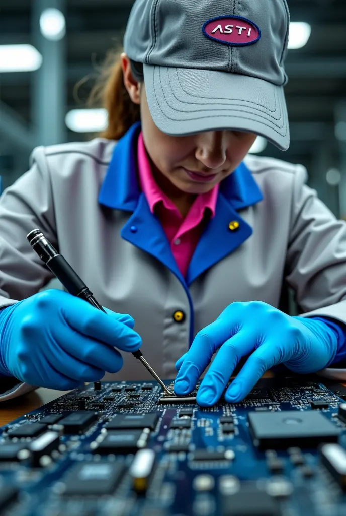 An ultra-close-up shot focusing entirely on a female worker's hands assembling a circuit board in an advanced electronics factory. She is wearing a detailed factory uniform consisting of a light gray structured jacket with a pink collar, royal blue sleeve ...