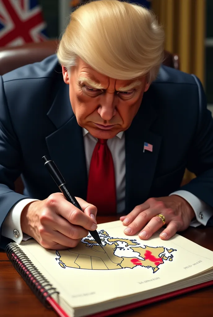 Trump crossing out a map of Canada in a notebook