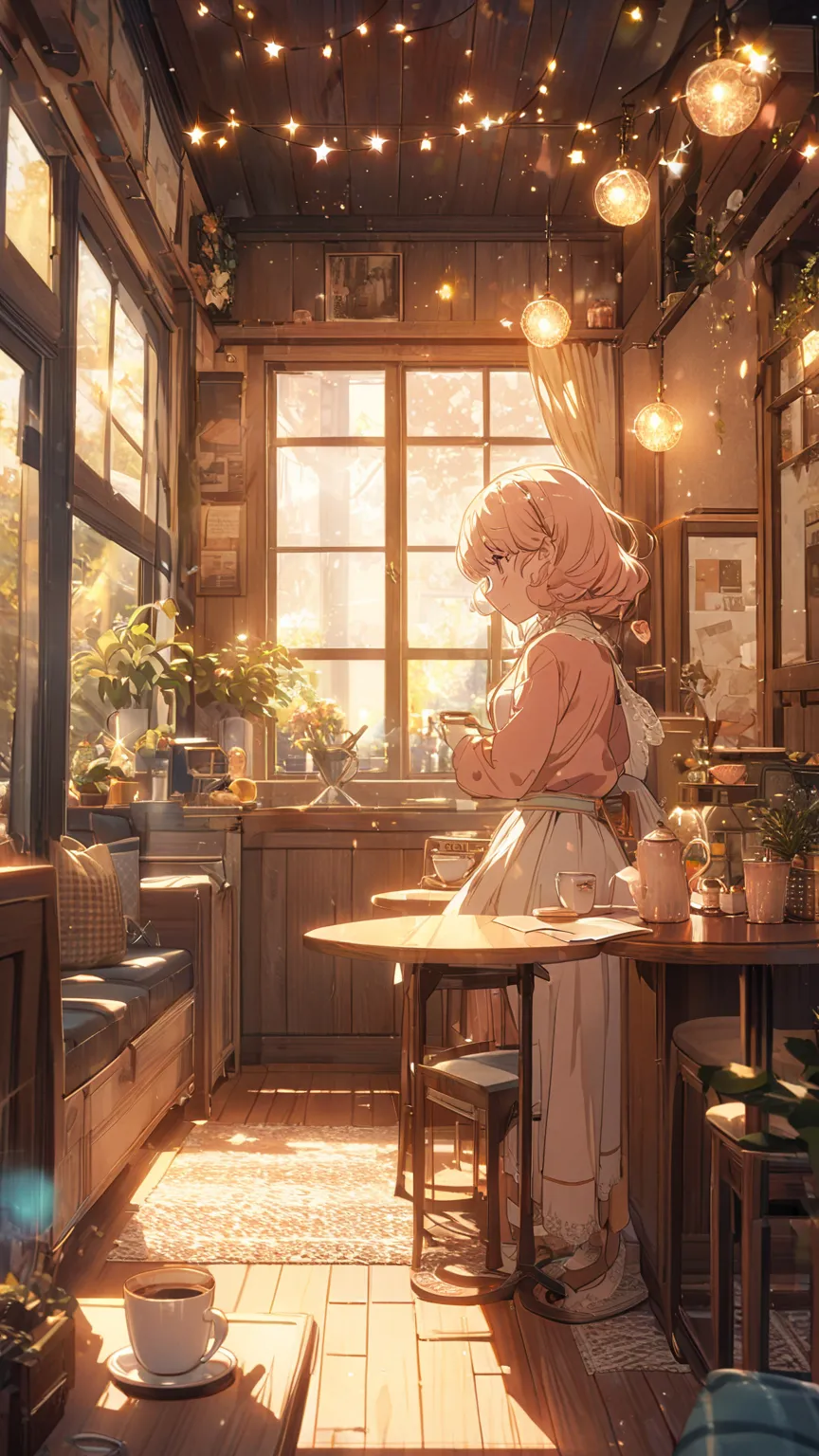 An anime-style illustration capturing the essence of 'キラキラのひび' from the Seria Lo-Fi Collection. The scene features a cozy and bright café interior bathed in warm sunlight, with a charming window-side table displaying small, sparkling decorative items. Deli...