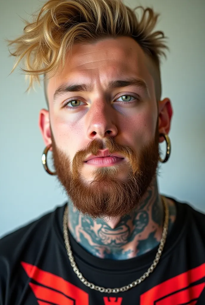 Color ID style photo of a blond boy with a beard, tattoos on his neck and shoulders and with large dilations in his ears. dressed in a striking t-shirt. 