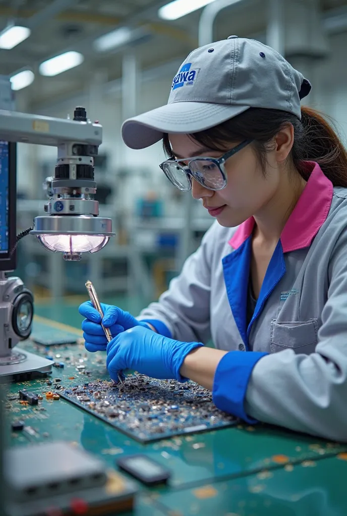 An ultra-close-up shot focusing entirely on a female worker's hands assembling a circuit board in an advanced electronics factory. She is wearing a detailed factory uniform consisting of a light gray structured jacket with a pink collar, royal blue sleeve ...