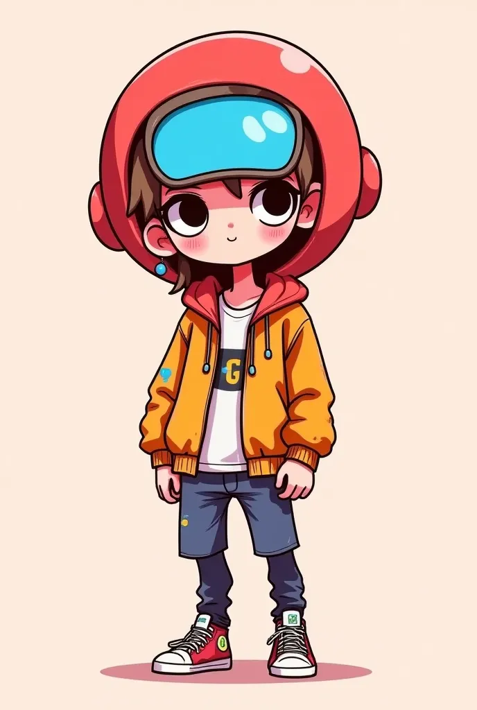 Create a character design for a cute and chibi-style male character, inspired by a stickman. The character should be depicted wearing a trendy hoodie or jacket, paired with half trousers and stylish shoes. The standout feature is a spherical helmet that co...