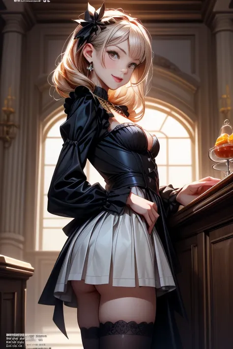 (small breasts:1.3), (perky chest:1.3), (pointed chest:1.2), (lolita fashion magazine cover:1.3),(from side:0.9),masterpiece, 1girl, Amazing Cleavage:1.2, thin waist, big ass, Raised sexy, small breast: 1.3, posed cleavage:1.2、(from below:1.2, best quality...