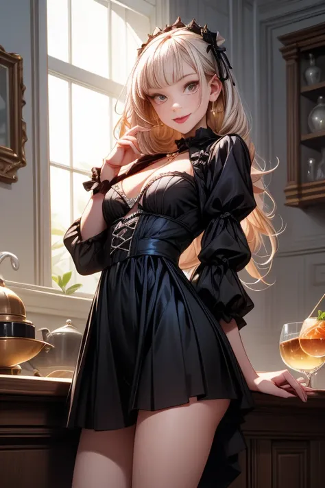 (small breasts:1.3), (perky chest:1.3), (pointed chest:1.2), (lolita fashion magazine cover:1.3),(from side:0.9),masterpiece, 1girl, Amazing Cleavage:1.2, thin waist, big ass, Raised sexy, small breast: 1.3, posed cleavage:1.2、(from below:1.2, best quality...