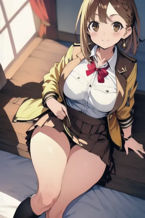 ライザリン・シュタウト,(masterpiece, best quality:1.2),2D, anime, Anime art, line art , watercolor,loli, 1 girl , chest, (large breasts),braid, (brown eyes), (brown hair), (reisalin stout), smile, solo, thighs,(school uniform:1.6), (jacket:1.6),(skirt:1.6)