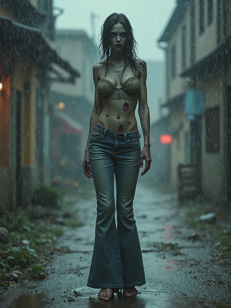 Zombie woman with bra and bell-bottom jeans, Full body feet, rain, wet llama. Remove alpacas 🦙Alta resolução, best quality, High quality, Super detail, Ultra HD, 