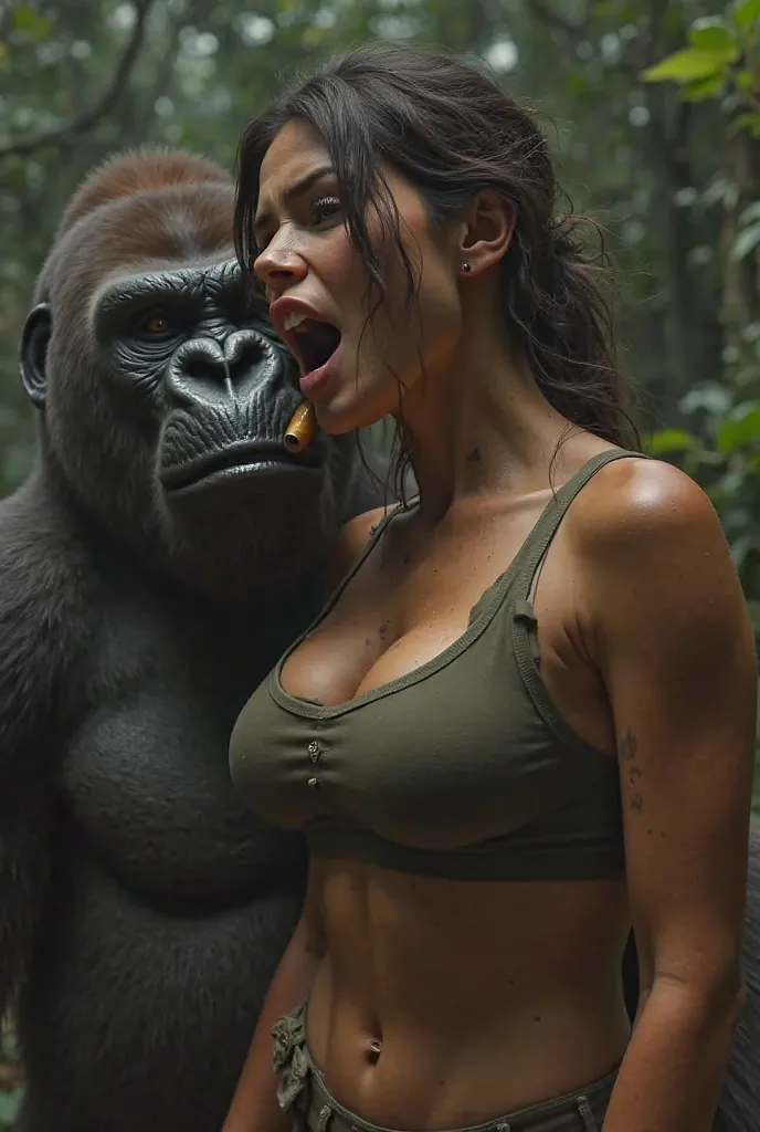 Lara Croft, mature, bent Over, big saggy breasts, updo hair, ((innie vagina)), ((forced to fuck a gorilla:1.2)), large hips, large thighs, large ass, ((skinny waist)), perfect body, showing teeth, (beastiality), pain movement, ((venous horse penis gets out...