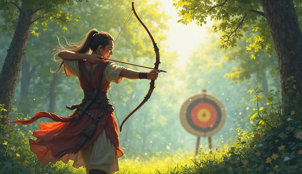 A female archer who has hit the target standing in front of her walks towards the target