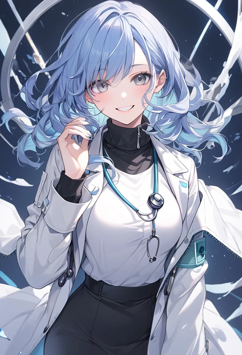 (masterpiece、top quality、High Resolution)、( detailed skin、detailed face、from front, cowboy shot)、1 woman、Blue medium hair、blue color wavy hair、 asymmetrical bangs 、gray eyes、black turtleneck inner、medium breasts、 white Y shirt、black pencil skirt、white coat...