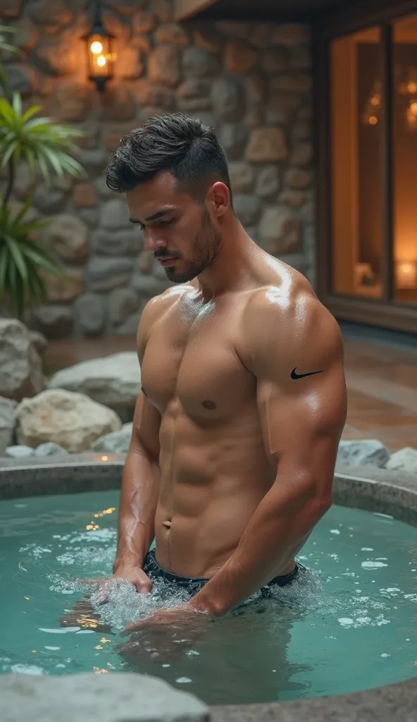 AI Prompt:

"Create a full-body shot,high details,hyper-realistic,high resolution image of a young man standing in a luxurious hot spring or jacuzzi, which features water jets. He is wearing a wet, semi-transparent Nike t-shirt and a T-back thong.

- Pose ...