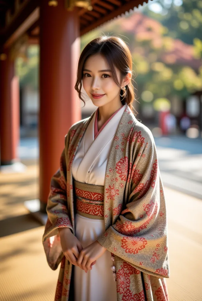 a portrait of a east-asian woman standing on a tatami mat floor. she is wearing a japanese robe over white kimono.the robe is intricate complex and elegantly printed.she is loccking back in a floor of the japanese shrine. Soft sunlight shines as it spots h...