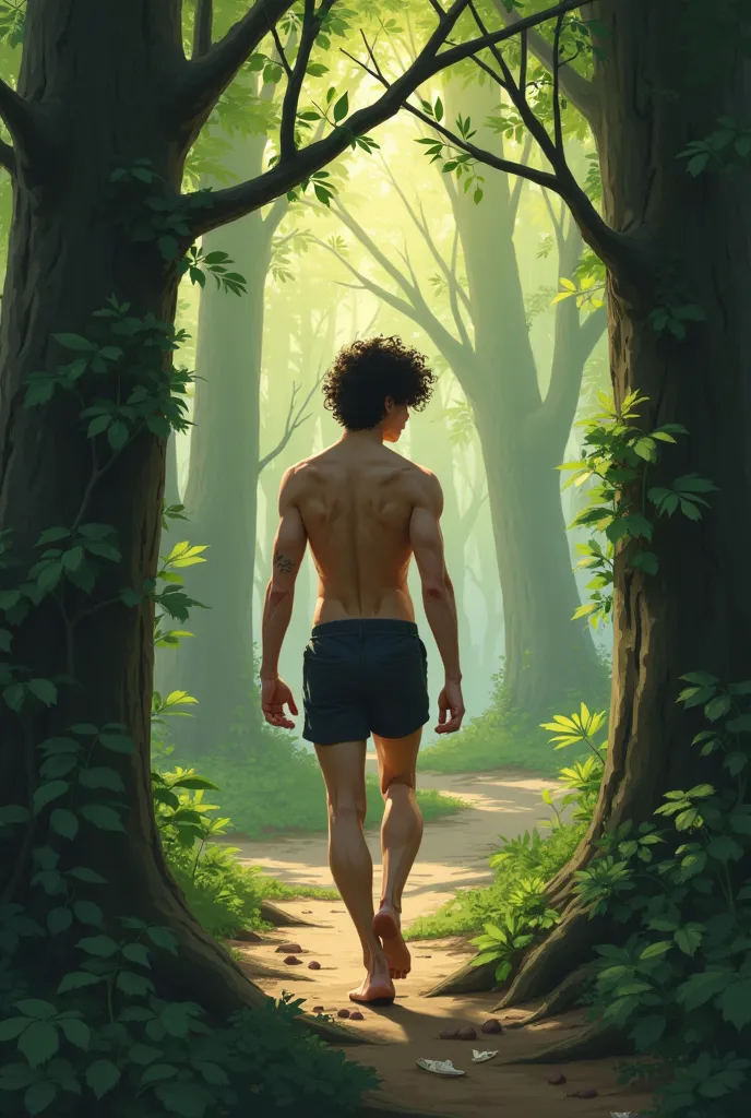 generate 2d as one naked guy with a dick aged 16-18 walks through a lot of trees removing branches to get further 