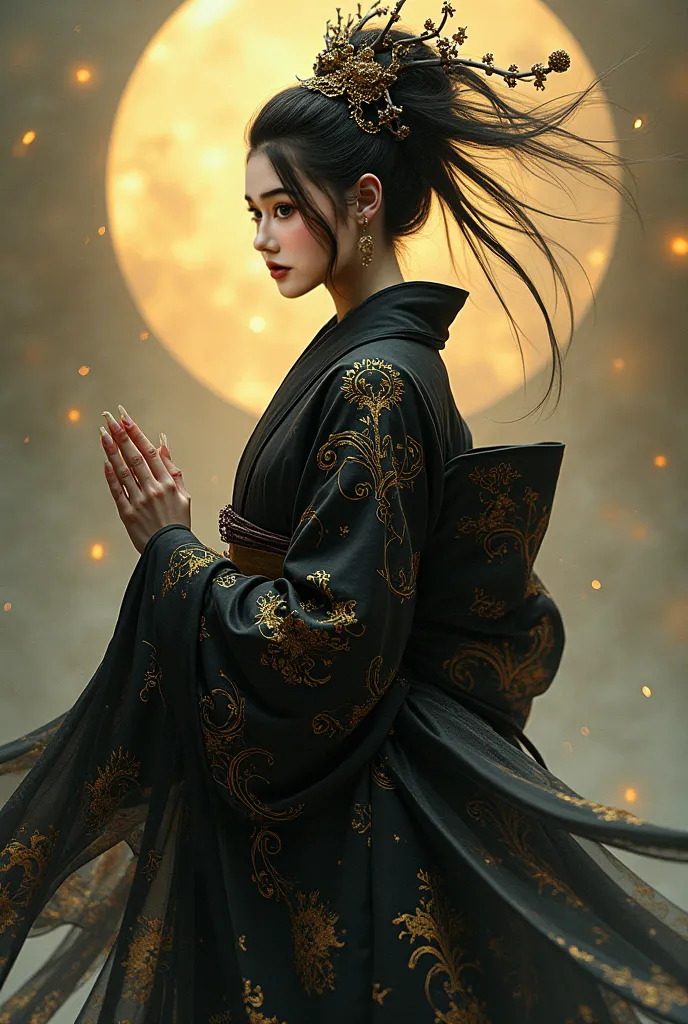 in Fantasy Nihinga style in black and gold kimono 