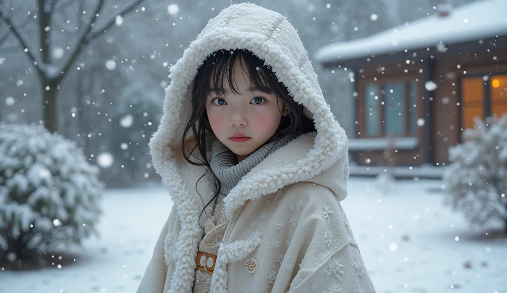 The garden of a house is covered in snow. Snow is on the shoulders of an  girl. She is wearing a white bolero and hooded fur shawl. the most realistic, photorealistic photo ever taken. 