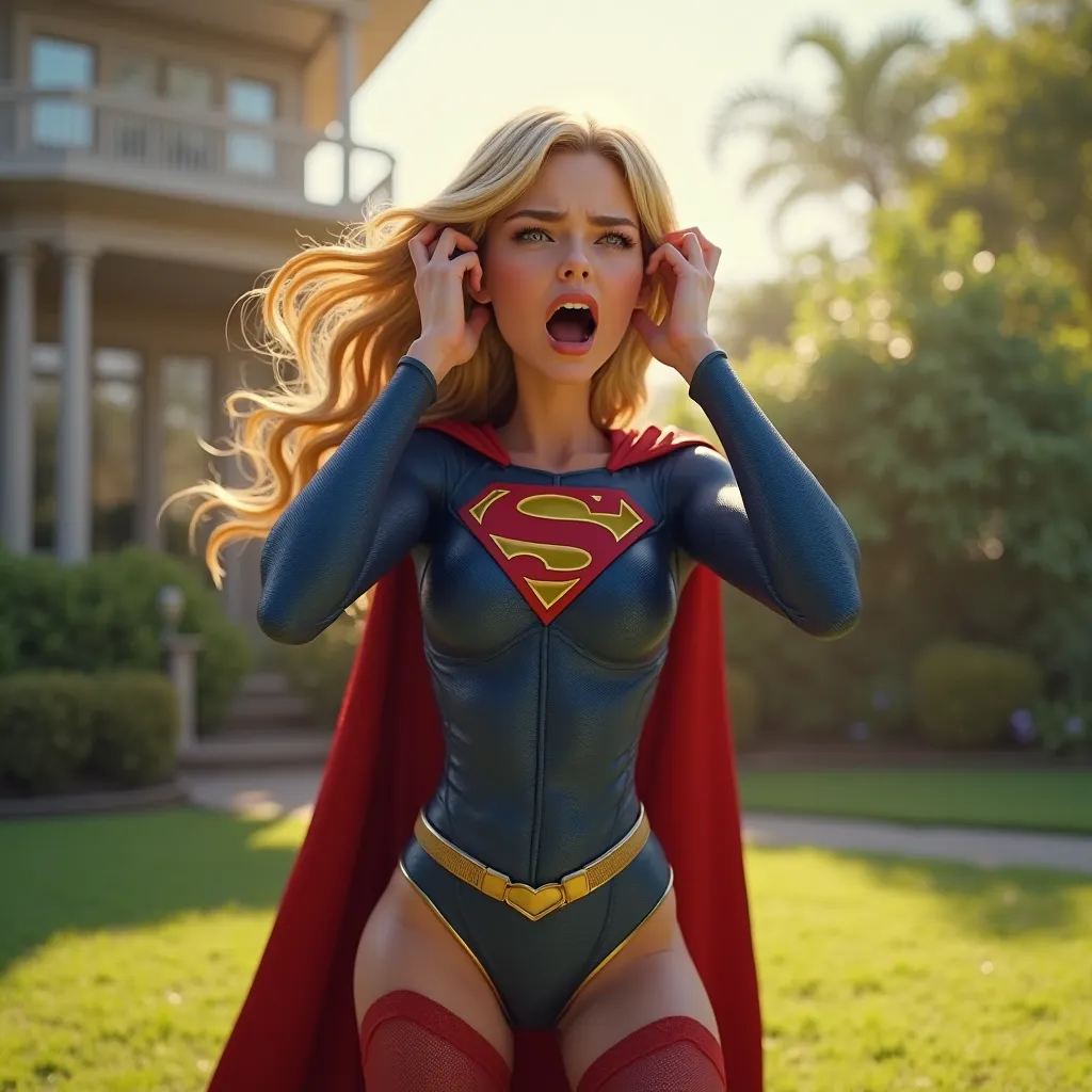 "A highly detailed, 4K ultra-realistic 3D animated image of a stunning and powerful Supergirl standing in a beautiful house backyard. The environment is filled with lush green trees, grass, and natural sunlight casting soft shadows. She has an incredibly a...