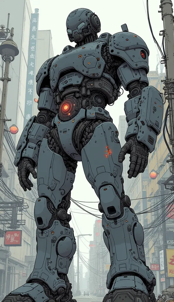 drawing of a robot with a helmet on, Concept Art by Katsuhiro Otomo, art of katsuhiro otomo, Japanese mechanized police ry, white and black coloring、Police Lamp、Metal Gear Solid Concept Art, Katsuhiro - Otomo , Otomo Katsuhiro Style, Mecha Plate Armor , Me...