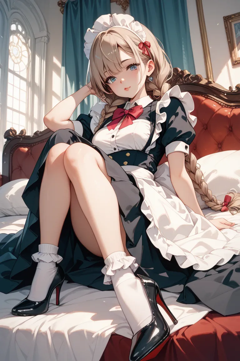 hidden hair、 traditional maid outfit、long skirt that goes below the knee、light brown hair、braided pigtails、white ruffle socks on a long bed、Shoes with low heels、Puffy Lips、masterpiece、top quality