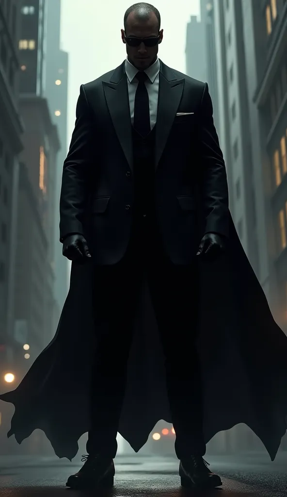 A powerful stylized depiction of a vigilante in a tailored black suit