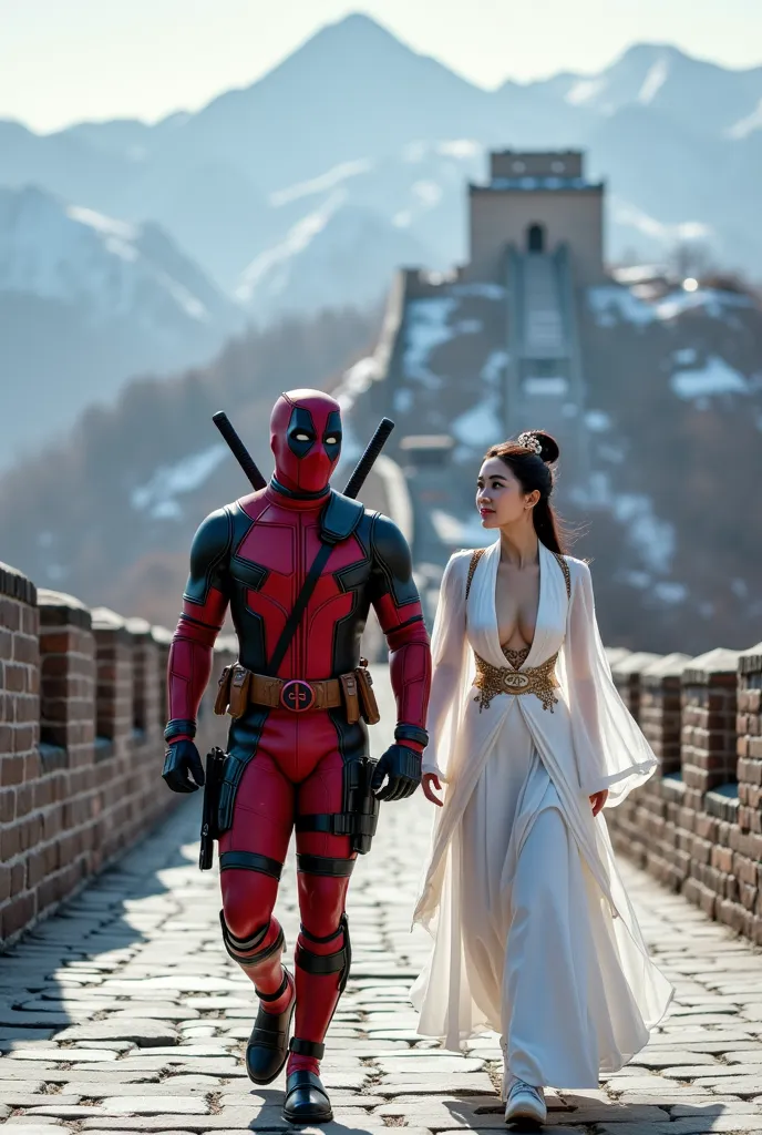 Deadpool wearing traditional clothes cina warna putih dan seorang wanita cina berwajah cantik,wearing traditional clothes,  is walking along ,left and right side background of the Great Wall of China,snowy mountain background, realistic image ,HD quality, ...