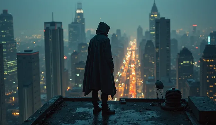 A mysterious hooded figure stands on the edge of a tall rooftop, silhouetted against the glowing city skyline. The figure’s posture is strong and composed, exuding an air of control and secrecy. Their hood obscures most of their face, adding to the sense o...