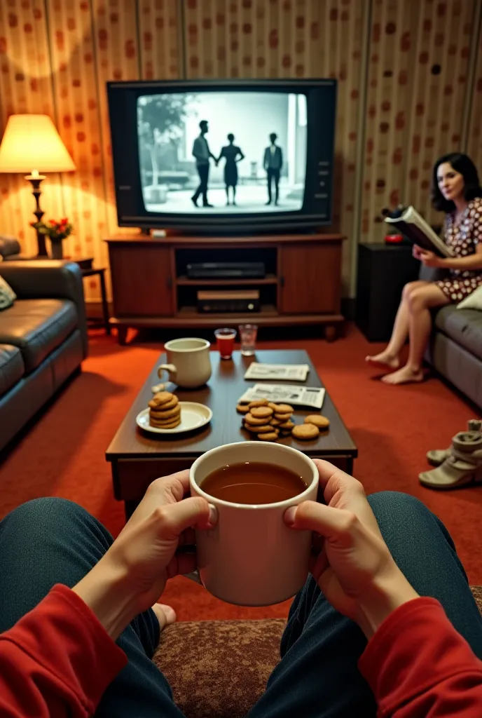 A hyper-realistic first-person view of a cozy 1960s living room, with vintage wallpaper and warm lighting from a corner lamp. The perspective is from someone sitting comfortably on a sofa, holding a cup of hot tea with both hands, feeling the warmth of the...