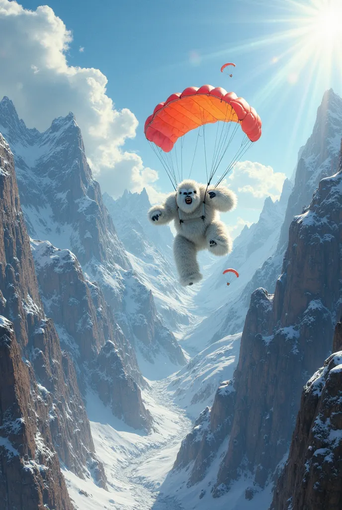 Yeti character jumps from the mountain with a parachute 