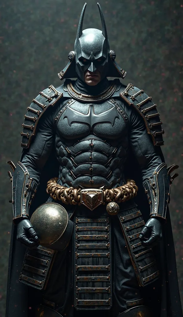 Full body, batman samurai armor, holding helmet, cinematic lighting, soft light, detailed  realistic, 8k, hyper detailed, intricate details, masterpiece, photorealistic, dark color tones, dramatic lighting, moody atmosphere, elegant, powerful, confident, i...