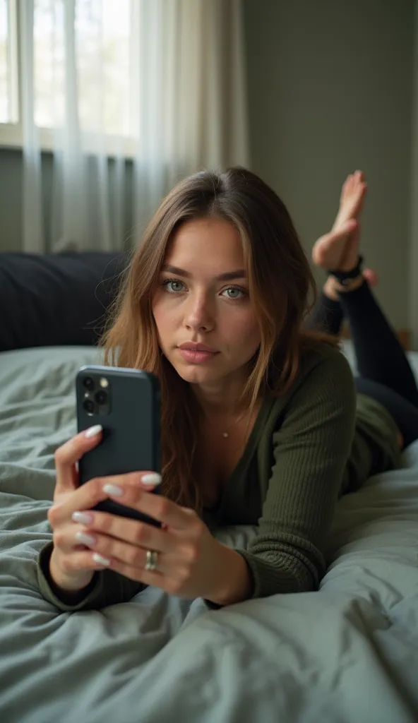 A young woman, light-brown skin tone, in her late s or early twenties, is lying on a bed, taking a selfie. She has long, light brown hair and is wearing a dark green, long-sleeve top and black leggings.  Her facial expression is neutral, and her nails appe...