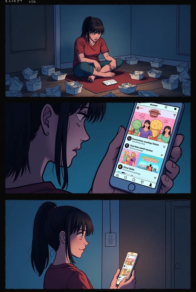 Panel 1:
 
- Visual: A person sitting alone in a dimly lit room, scrolling through their phone, surrounded by empty takeout containers.
 
- Caption: "Late night scrolling..."
 
Panel 2:
 
- Visual: Close-up on the phone screen, showing a vibrant feed of fr...