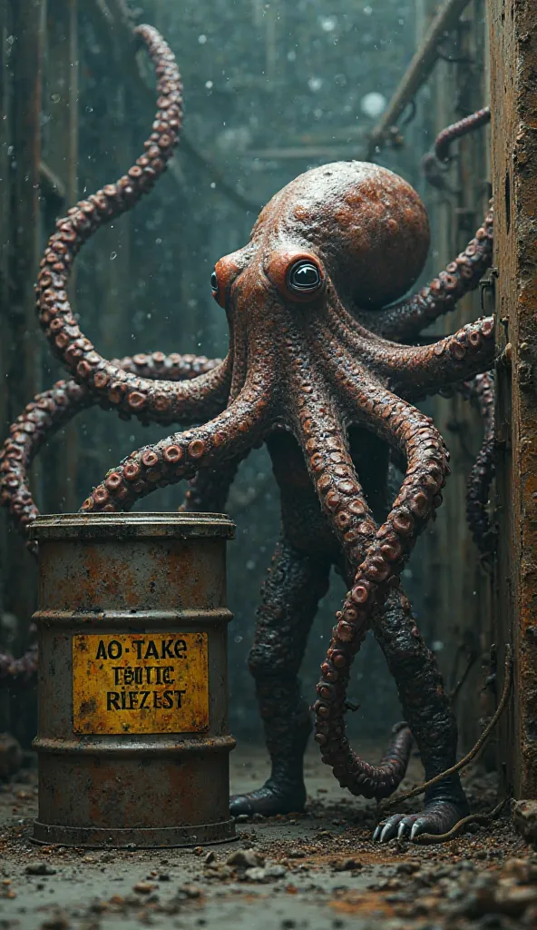 Octopus standing beside a sulfuric acid drum with danger sign on it 