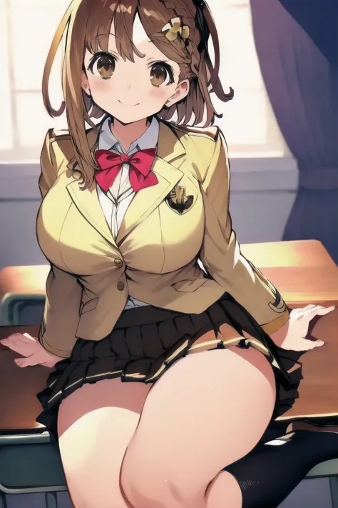 ライザリン・シュタウト,(masterpiece, best quality:1.2),2D, anime, Anime art, line art , watercolor,loli, 1 girl , chest, (large breasts),braid, (brown eyes), (brown hair), (reisalin stout), smile, solo, thighs,(school uniform:1.6), (blazer:1.6),(skirt:1.6)