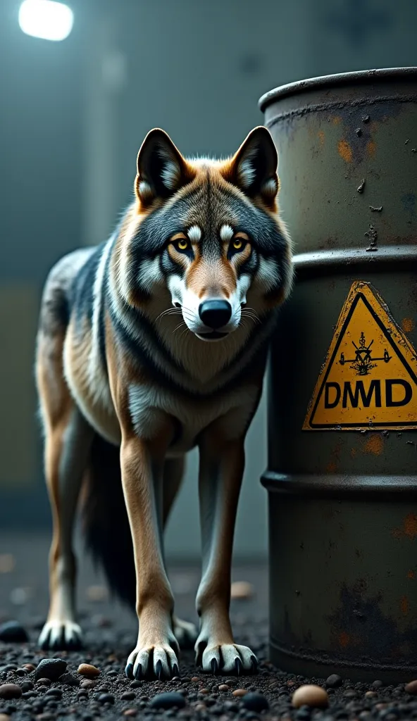 Wolf standing beside a sulfuric acid drum with danger sign on it and 