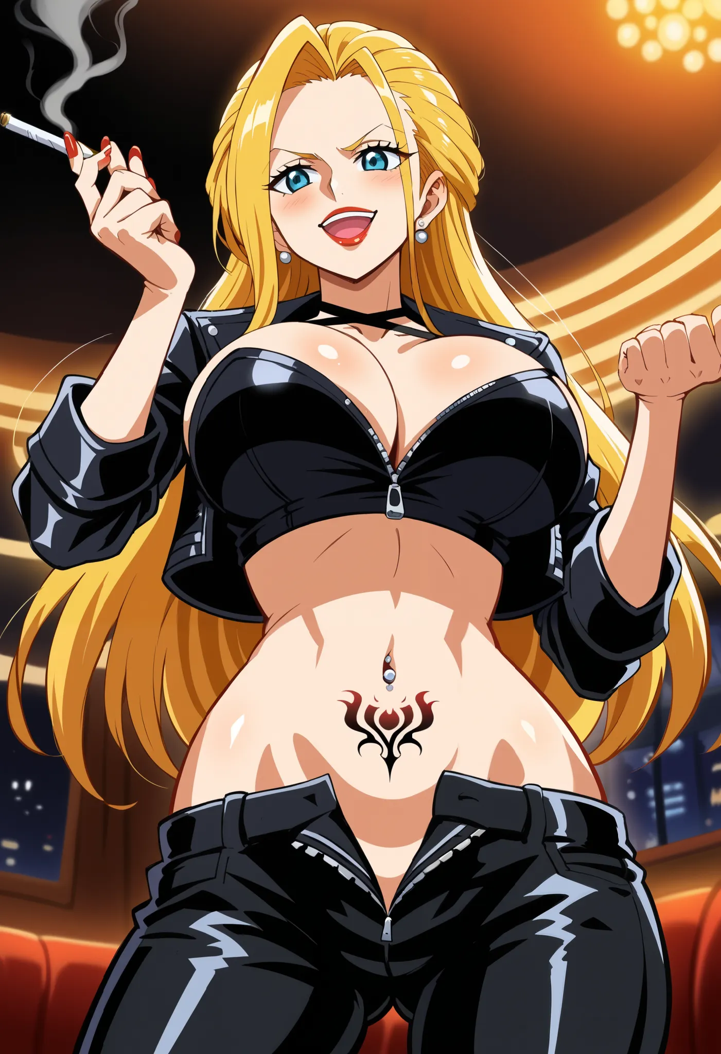 score_9, score_8_up, score_7_up, source_anime, black maria, blue eyes, long hair, blonde hair, big round breasts, lips, eyelashes, makeup, lipstick, anime screenshot, arrogant, pierced ears, long hair, blush, lipstick, Sexy girl, evil, smoking, sensual, at...