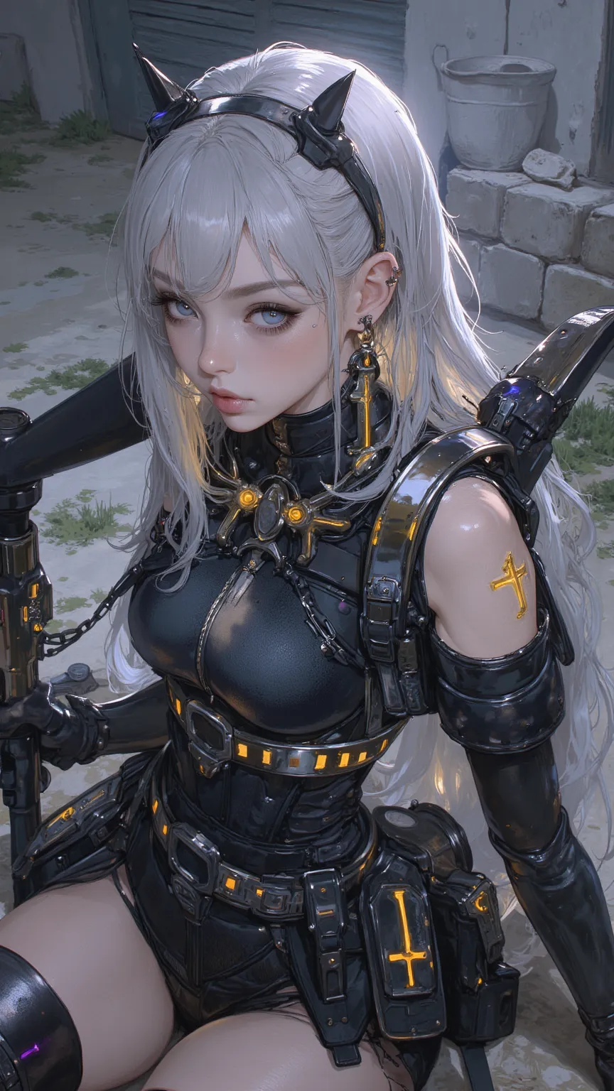 high quality, Super Realistic, Fine light and shadows, 4K, High Resolution,  professional , Combat Aesthetics, Silver-haired Female Warrior, Gray Skin, Gold-Silver Eyes, Mobile Silver Hair, Charming Eye, Temptation, long nails, fingerless gloves, Glowing R...