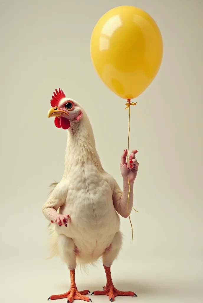 I want a picture of a chicken without feathers wearing red nail polish and holding a yellow balloon