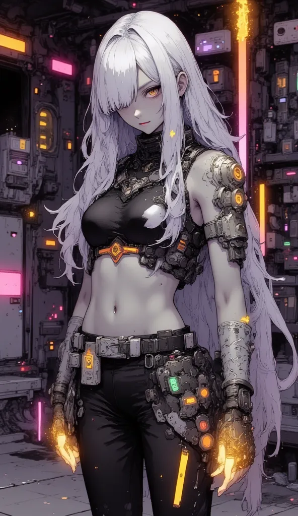 high quality, Super Realistic, Fine light and shadows, 4K, High Resolution,  professional , Combat Aesthetics, Silver-haired Female Warrior, Gray Skin, Gold-Silver Eyes, Mobile Silver Hair, Charming Eye, Temptation, long nails, fingerless gloves, Glowing R...